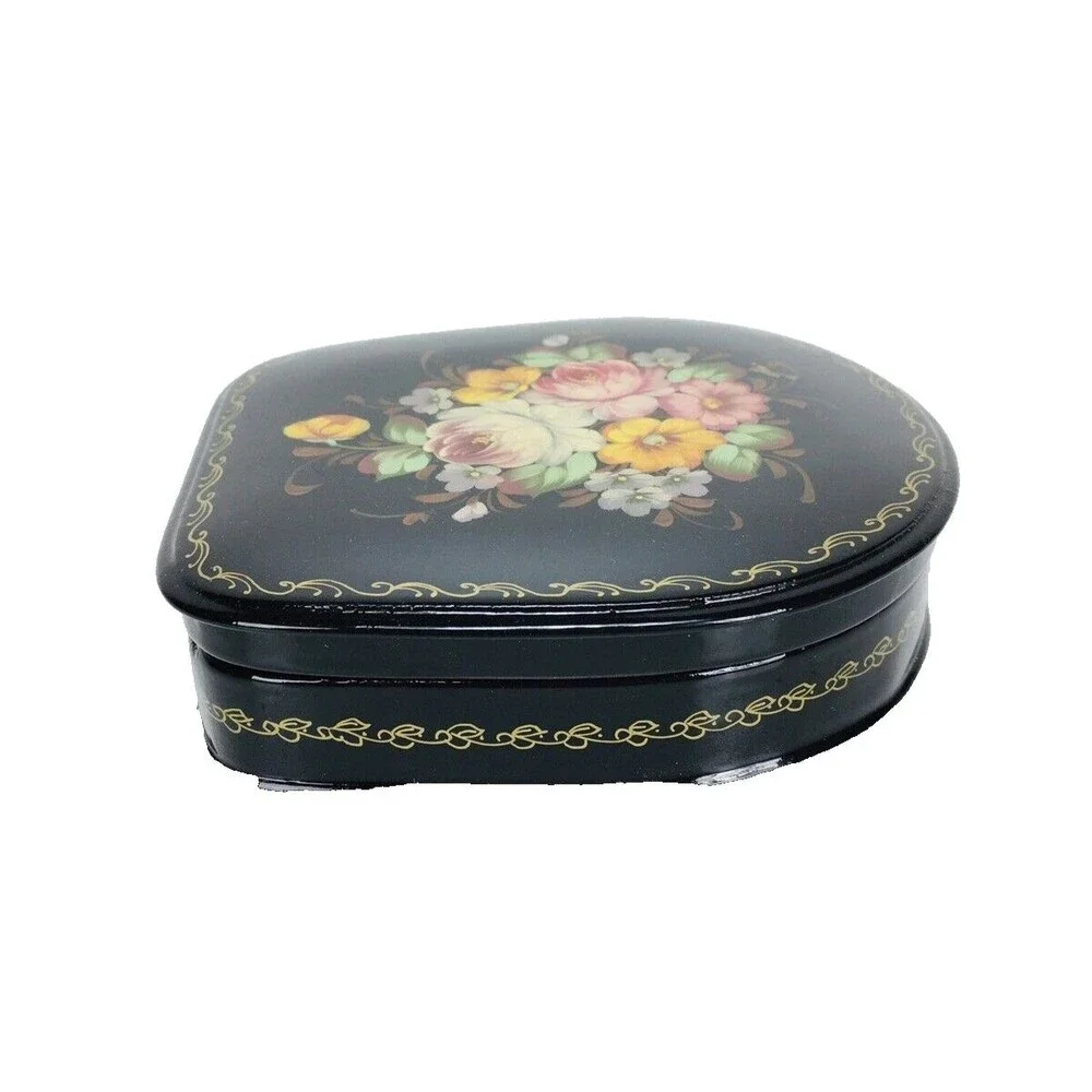 Vintage Russian Hand Painted Lacquered Floral Hinged Trinket Box Signed